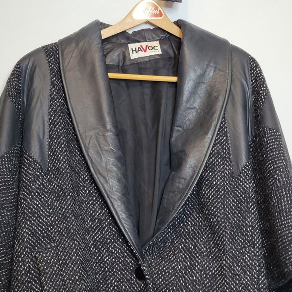 Vintage Tweed Leather Coat Jacket Havoc USA Womens Medium Pockets Button Close - Picture 2 of 14